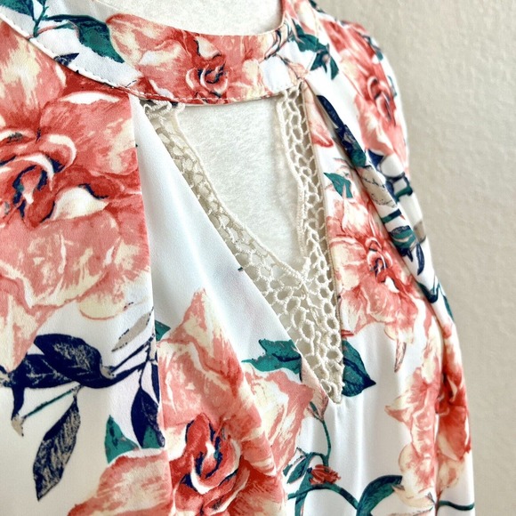 Peach Love Size Medium Pink Green Floral Ruffle Front Sun Dress Keyhole V Neck - Picture 10 of 13